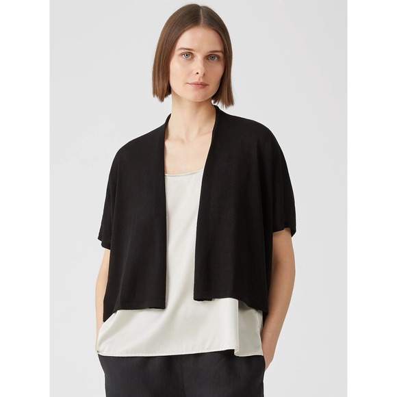 Eileen Fisher Sweaters - Eileen Fisher M Merino Wool Wide Sleeve Cropped Open Cardigan Black Lagenlook